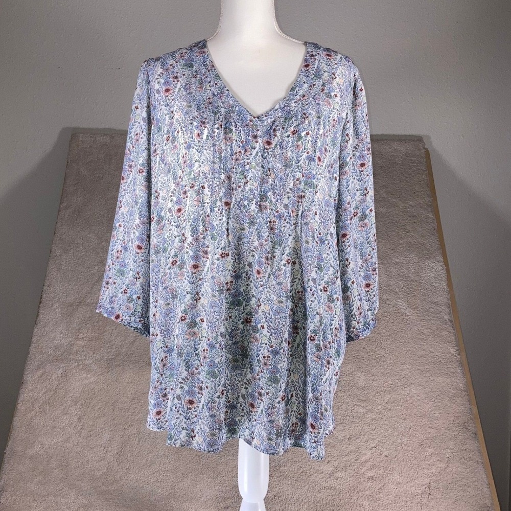 Rose + Olive Floral V-Neck Pleated Blouse Blue Pink 1X 3/4 Sleeve‎ Top